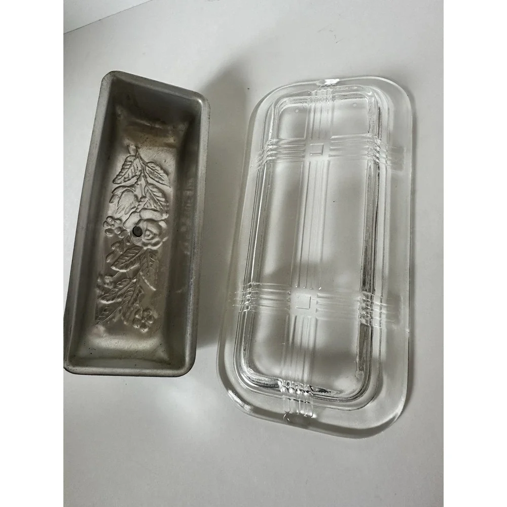 Vintage 1940's Hammered Aluminum Butter Dish W/ Glass Insert Floral Motifs MCM